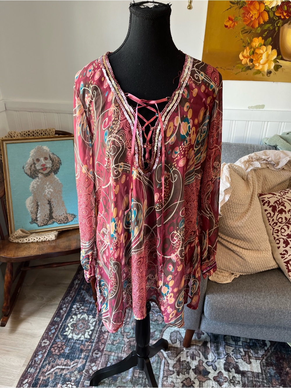 Y2K Vintage Okçu Triko Bohemian Lace-Up Floral Tunic Top in Burgundy & Teal M